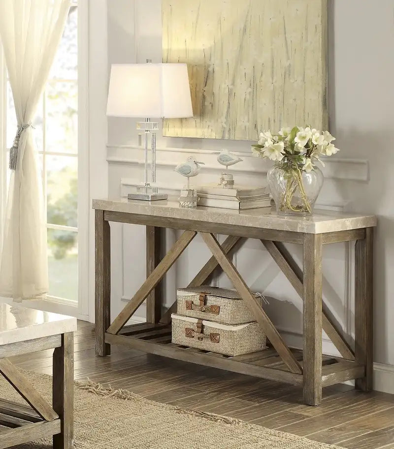 Creamy White Marble Top Industrial Console Table with Shelf