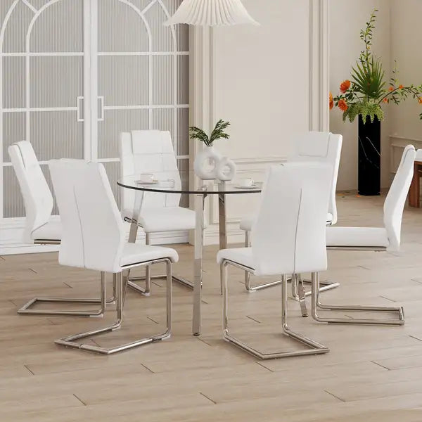 Modern Glass Dining Table & 6 PU Leather Chairs Set - Minimalist Round Tempered Glass with Chrome Legs - Minihomy