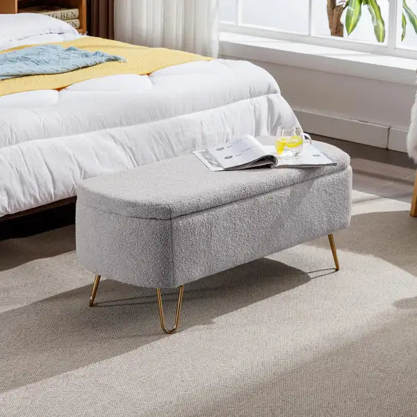 Grey Ottoman Bench with Gold Legs - Storage Bench for Bedroom & Living Room