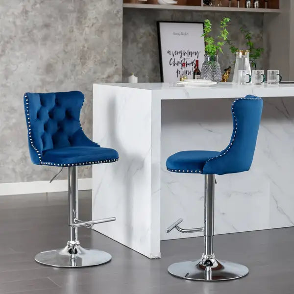 Blue Velvet Swivel Bar Stools with Backs - Adjustable Height (25-33"), Chrome Base, Set of 2 - Minihomy