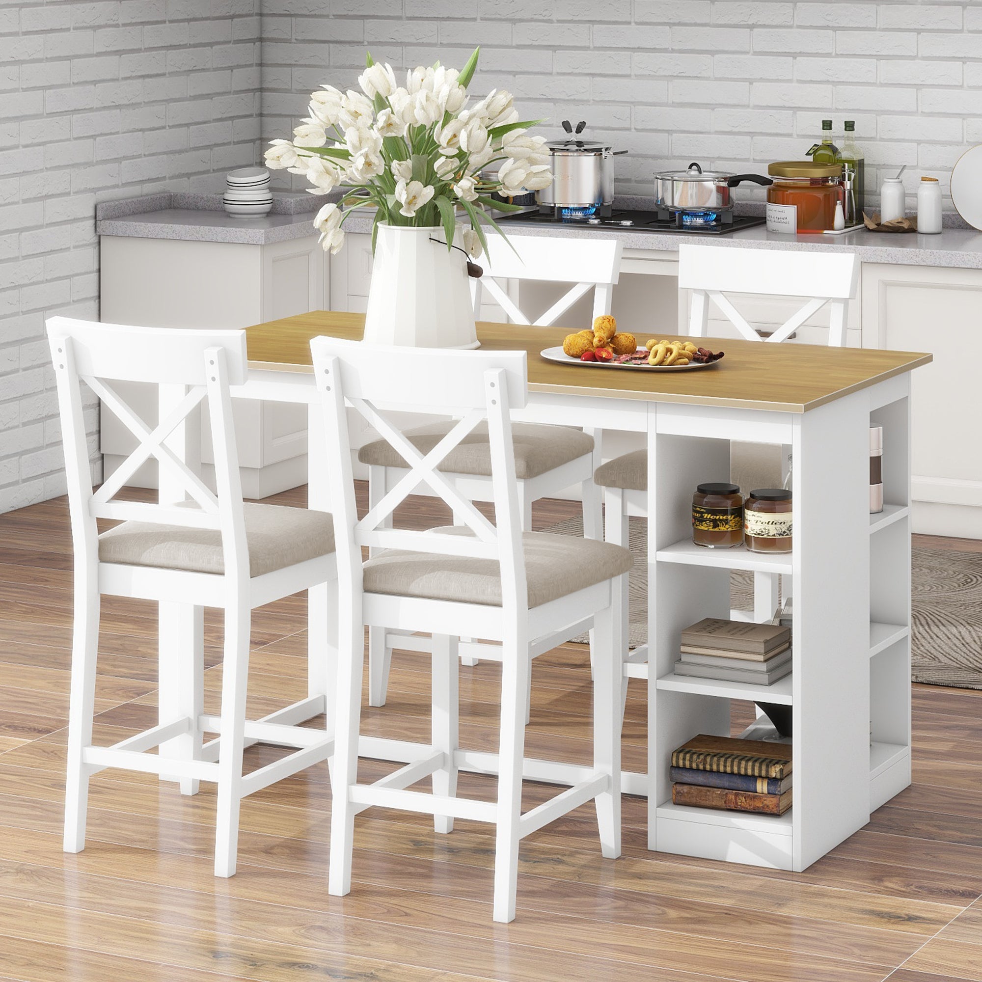 White Farmhouse Counter Height Dining Table Set with Storage & Upholstered Chairs for 4 (5-Piece)