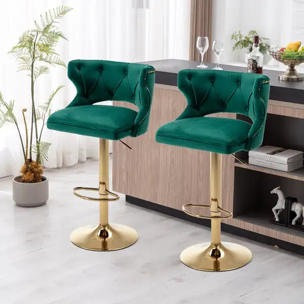 Velvet Green Bar Stools with Back & Footrest - Counter Height Dining Chairs (Set of 2)