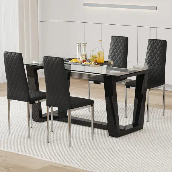 Modern Dining Table and Chair Set - Tempered Glass Top, Black MDF Stand, 4 PU Chairs - Minihomy