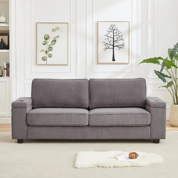 Deep Seat 3-Seater Corduroy Sofa with Storage, USB & Charging Ports