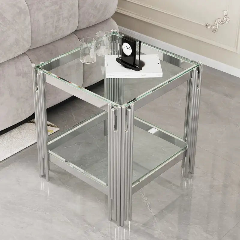 Modern End Table: Tempered Glass Top & Silver Steel Frame