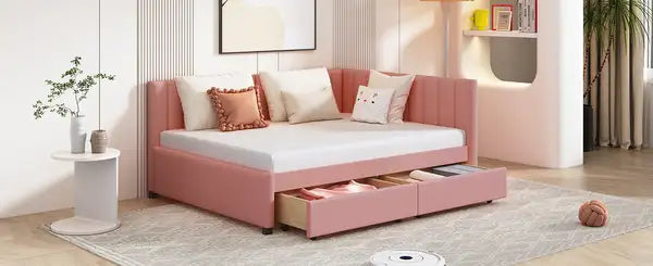 Full Size Upholstered Daybed with Storage Drawers - Linen Fabric (Pink) - Minihomy