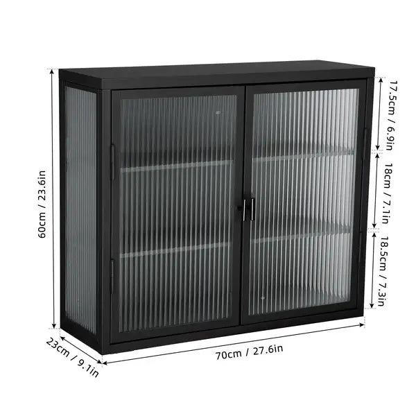 Retro Haze Double Glass Door Wall Cabinet - Black - Detachable Shelves