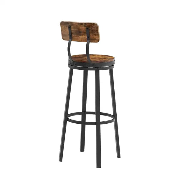 Industrial Bar Stools Set of 2 with Backrest - Rustic Brown, 29.5" High, Metal Frame - Minihomy