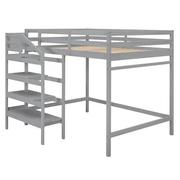 Full Size Loft Bed with Storage Staircase & Clothes Hanger - Gray - Minihomy