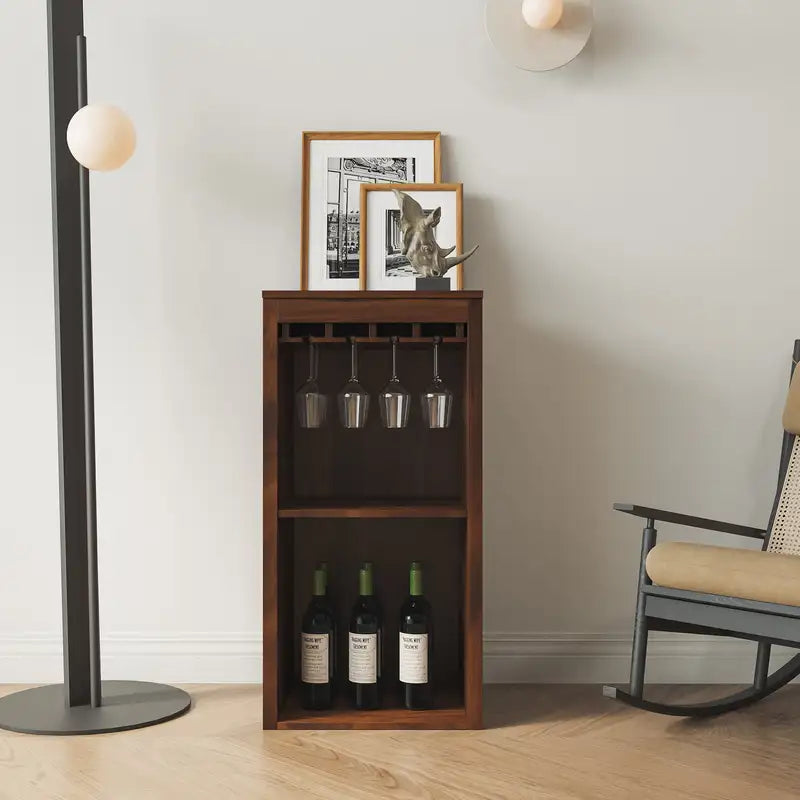 Walnut Wine Bar Cabinet with Hutch & Storage - Modular Design