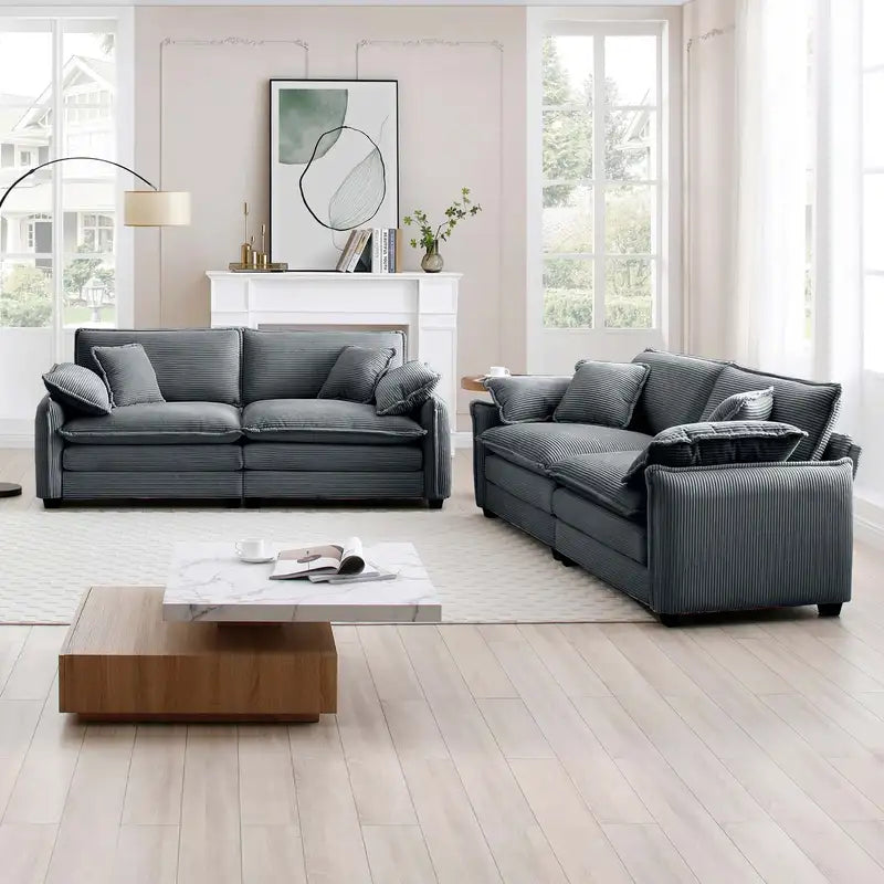 Grey Corduroy 2-Piece Sofa Set - Modern Living Room & Bedroom Furniture