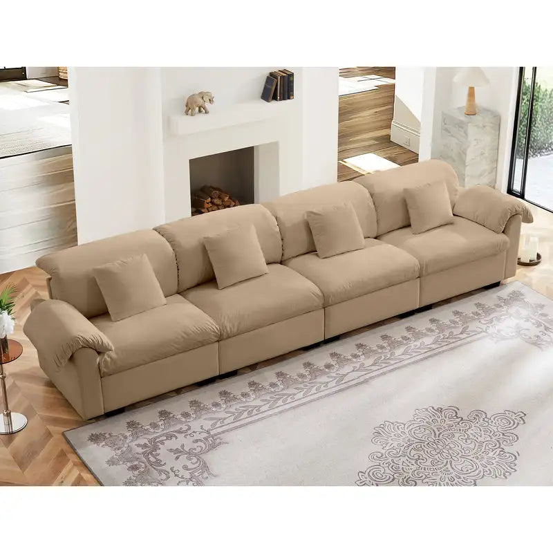 Tan Velvet 4-Seater Sofa with Storage - Extra Large