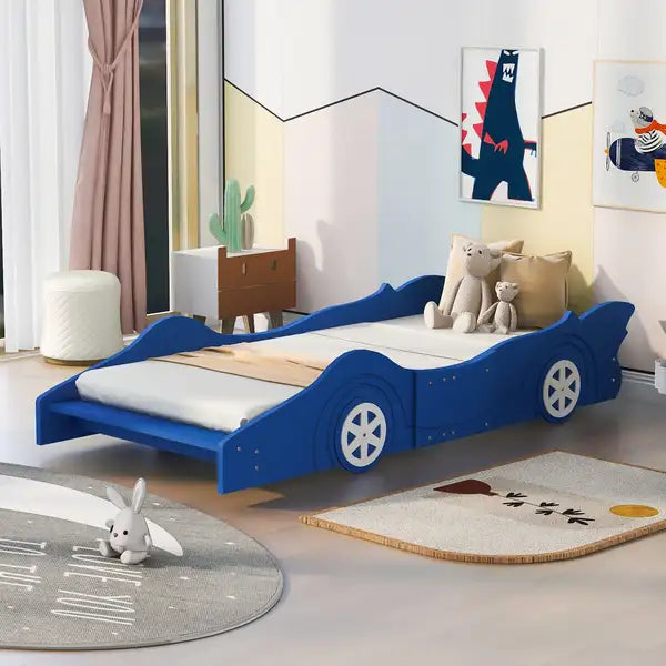 Twin Race Car Bed with Wheels - Blue Platform Bed for Kids