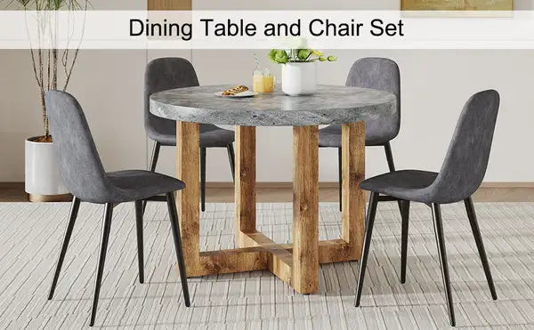 Modern Circular Dining Table Set with 4 Cushioned Chairs - MDF Top & Wooden Legs - CT-403 - Minihomy