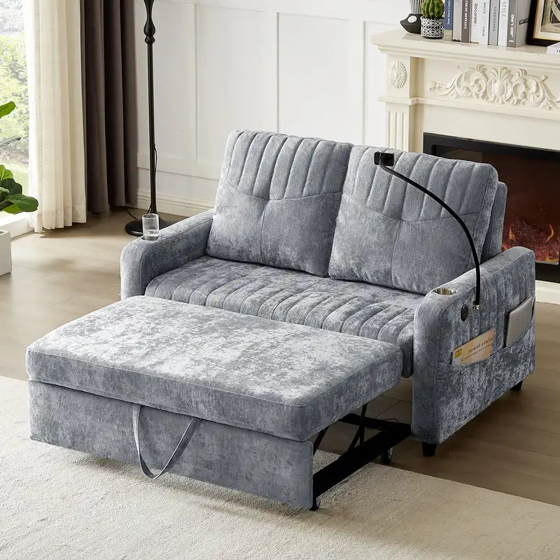 Grey Modern Loveseat Sofa Bed - Pull-Out, Adjustable Backrest, Storage