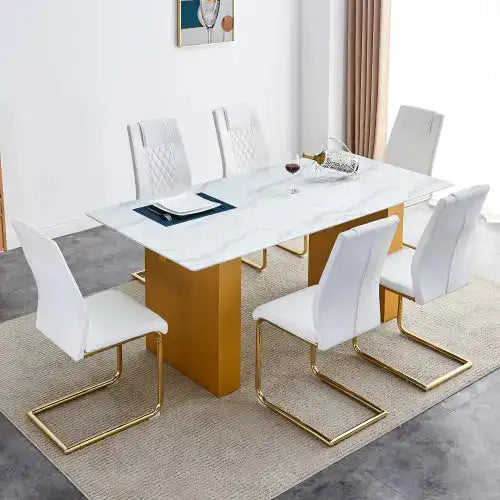 Modern Dining Table & 6 Chair Set - Rectangular Glass Top, Faux Leather Seats, Gold Legs - Minihomy