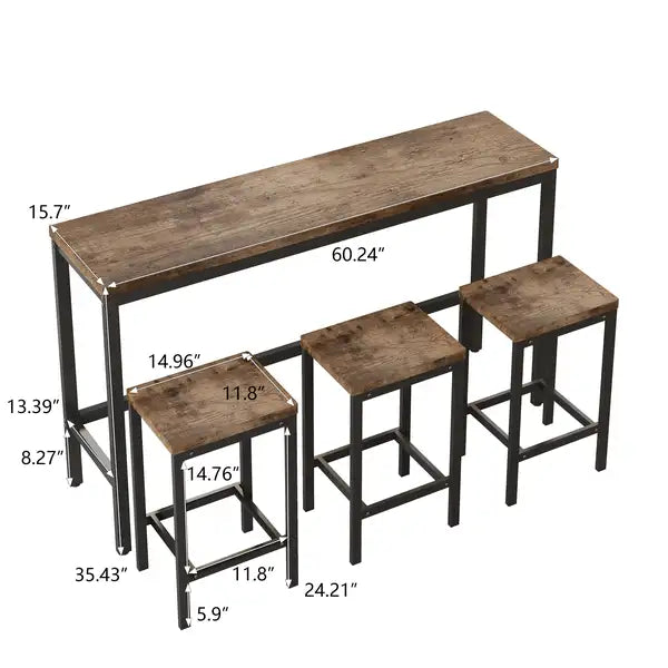 Natural Wood Dining Table Set with 3 Stools - Easy Assembly (SKU:W75753848) - Minihomy