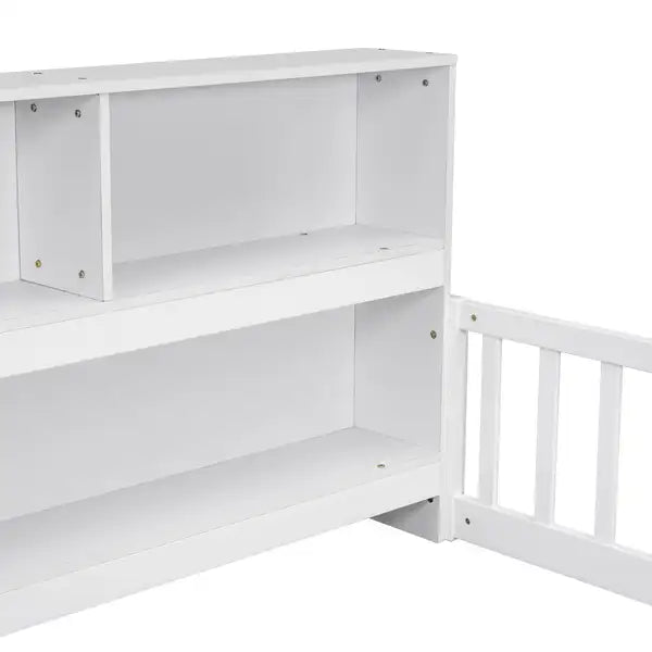 Full Size Platform Bed with Bookcase, Shelves, Guardrails - White - Minihomy