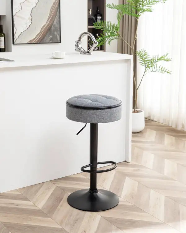 Grey Linen Height Adjustable Swivel Bar Stools (Set of 2) - Counter Height, Armless, Metal Frame - Minihomy