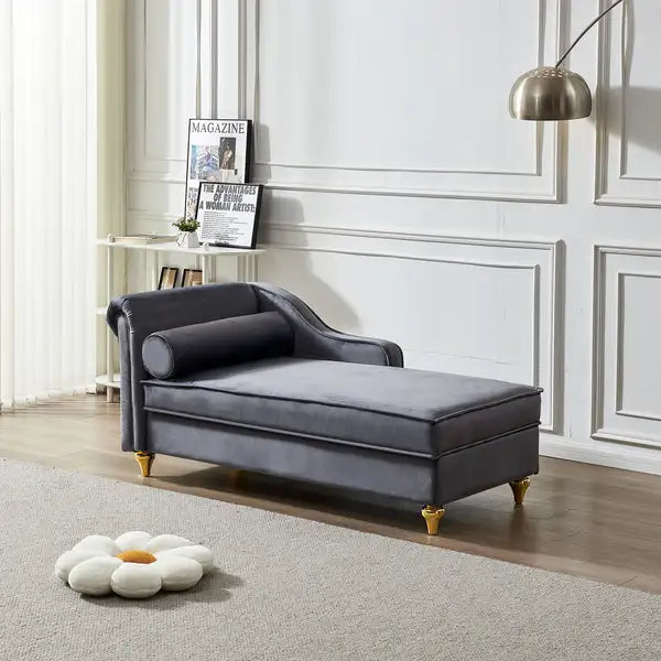 Grey Velvet Chaise Lounge with Storage - Modern Upholstery Chair