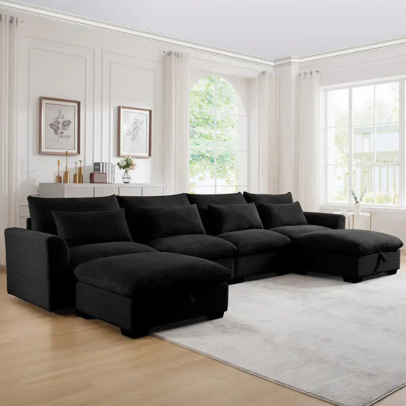 Black Corduroy U-Shaped Sectional Sofa w/Storage & Pillows