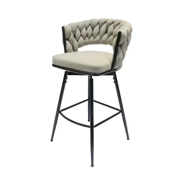 Grey Linen Woven Bar Stools with Backrest, 360 Swivel, Set of 2, Black Legs - Minihomy