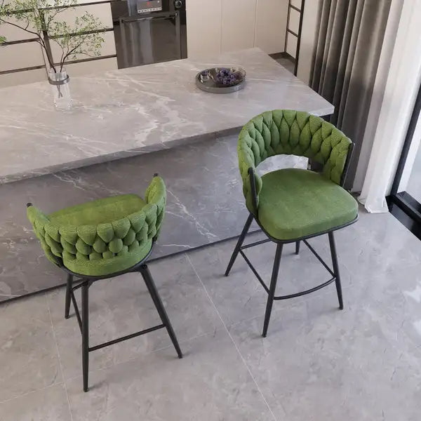 Green Linen Woven Bar Stools Set of 2 - Swivel, Black Legs, Backrest, Footrest - Minihomy