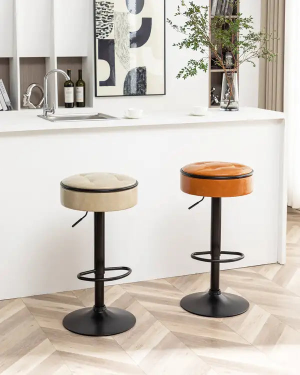 Khaki Faux Leather Bar Stools Set of 2 | Height Adjustable Swivel Counter Stools for Kitchen & Living Room - Minihomy