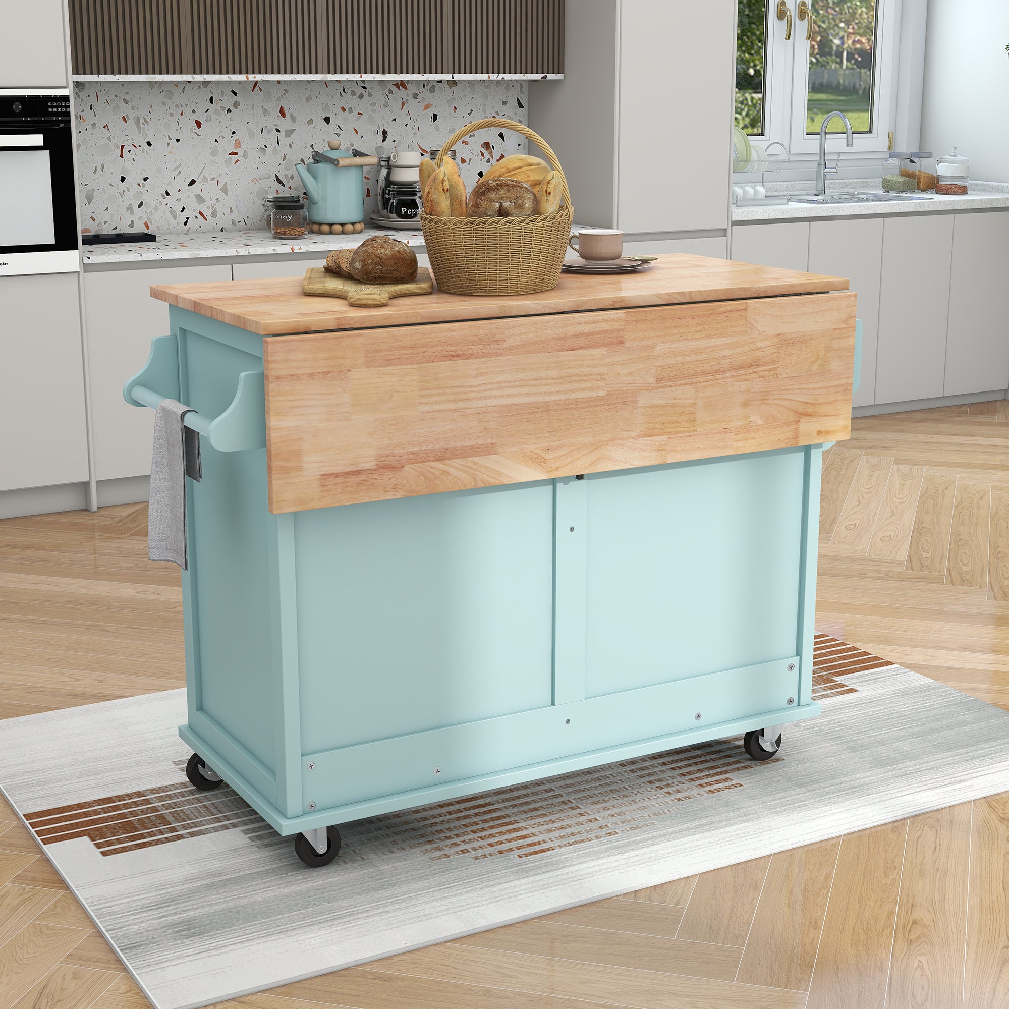 Kitchen Island Cart with Drop-Leaf Countertop, Adjustable Height, Storage & 2 Drawers, Mint Green, 52.2" x 30.5" x 36.6"