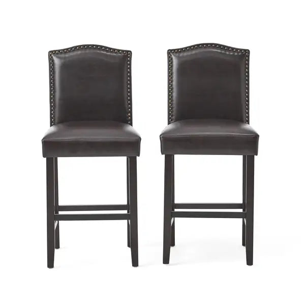 Brown & Walnut Upholstered Counter Height Barstools with Nailhead Trim (Set of 2) - Minihomy