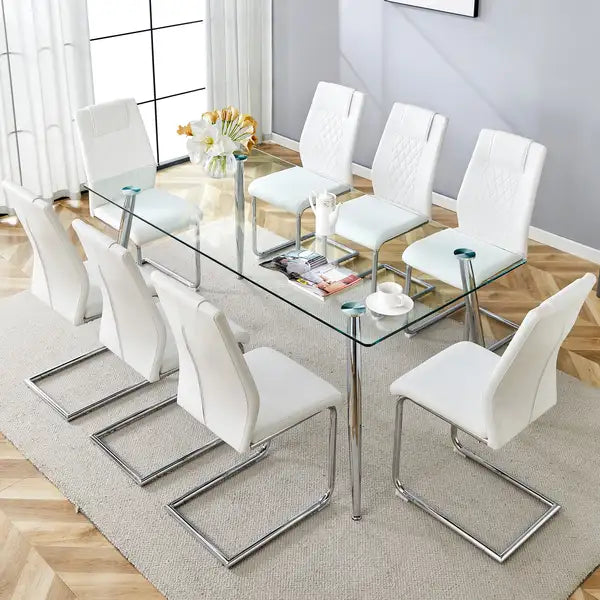 Modern Glass Dining Table Set with PU Cushioned Chairs - Silver Metal Legs