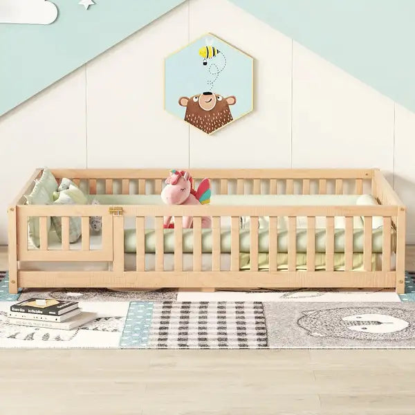 Full Size Kids Bed with Safety Rails, Door & Natural Finish