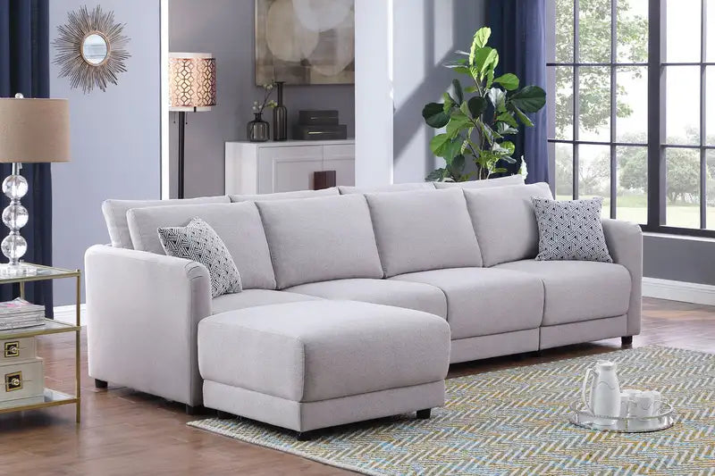 Penelope 4-Seater Linen Sofa with Ottoman & Pillows - 111" Light Gray