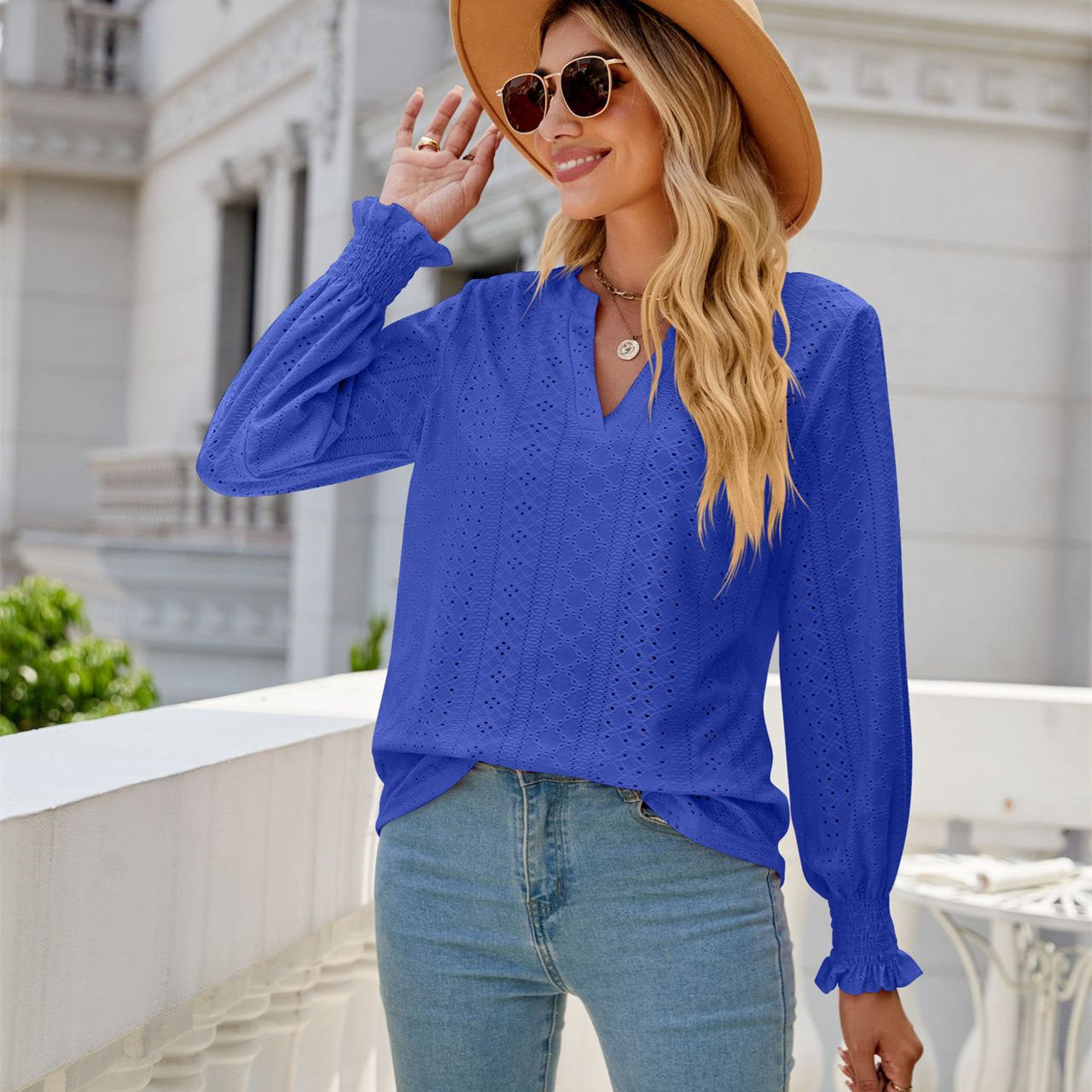 Solid Color Hollow-out Pleated Ruffle Shirt - V-neck Loose Long Sleeve Women's Top