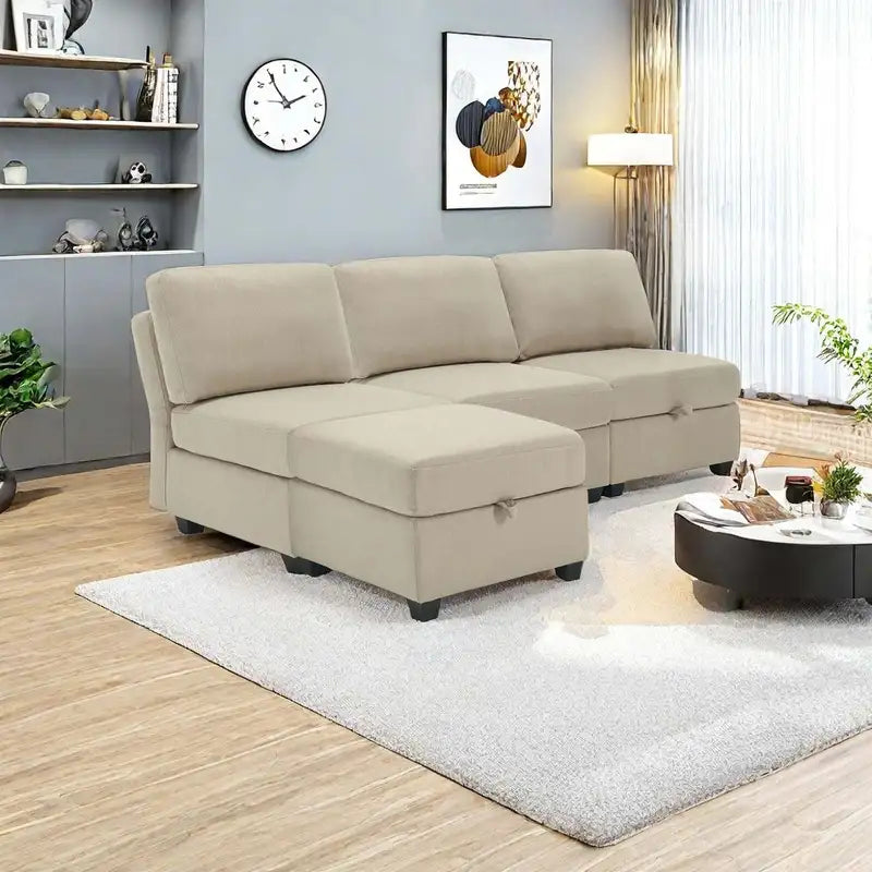 Beige Convertible L-Shaped Sectional Sofa with Chaise & Storage