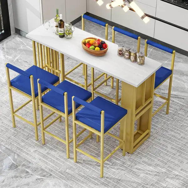 7-Piece Modern Counter Height Dining Bar Table Set with Upholstered Stools - White & Blue - Minihomy