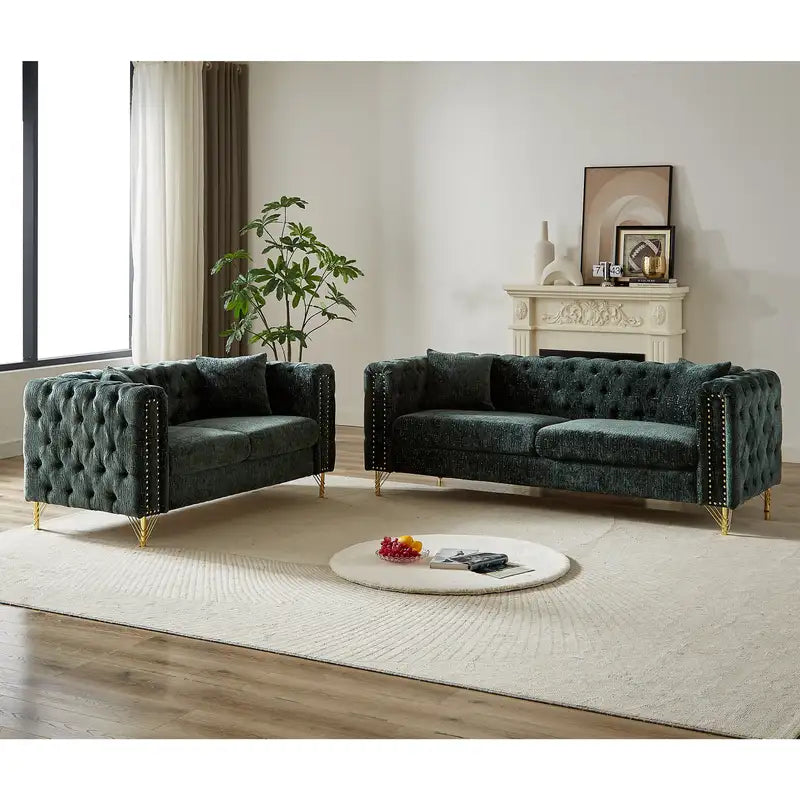 Modern Chenille Sofa with Copper Nailhead Trim & Button Tufted Design