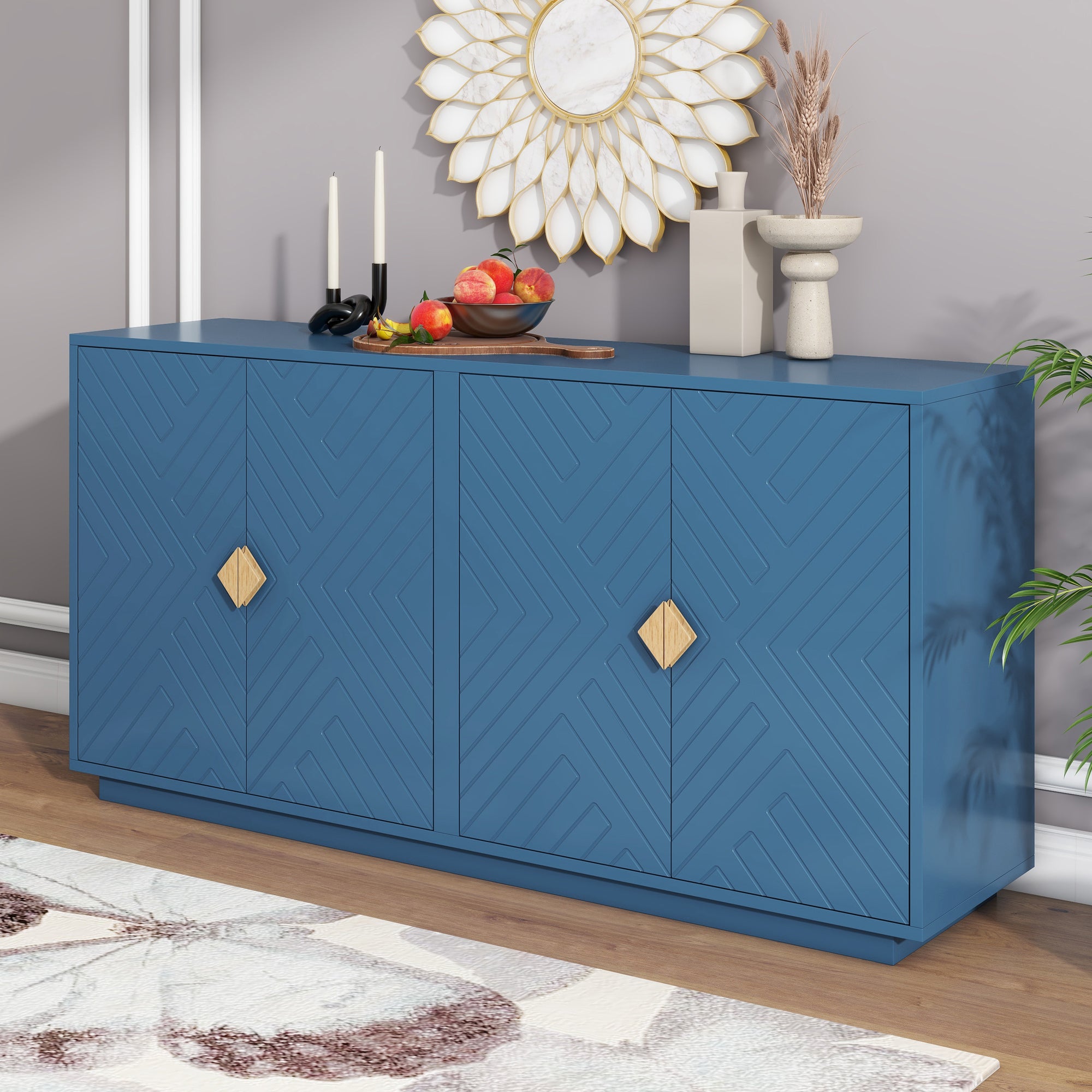 Modern Sideboard with Storage, Wooden Handles, Adjustable Shelves - Navy Blue