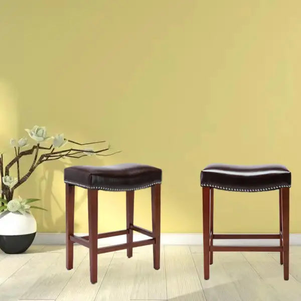 Dark Brown Leather Barstools - Set of 2 - Minihomy