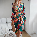 Printed Dress Autumn Winter Elegant V-neck Dress