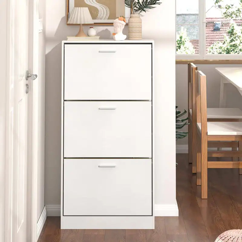 White 3-Drawer Slim Shoe Cabinet - Modern Entryway Storage