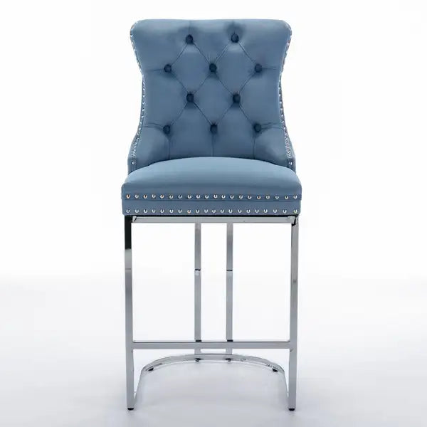 Modern Velvet Bar Stools Set of 2, Light Blue - Counter Height, Button Back & Rivet Trim, Chromed Metal Base - Minihomy