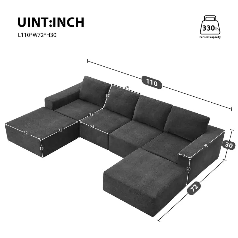 U-Shaped Sectional Sofa Bed, 110x72", Chenille, Modular, Sleeper Sofa