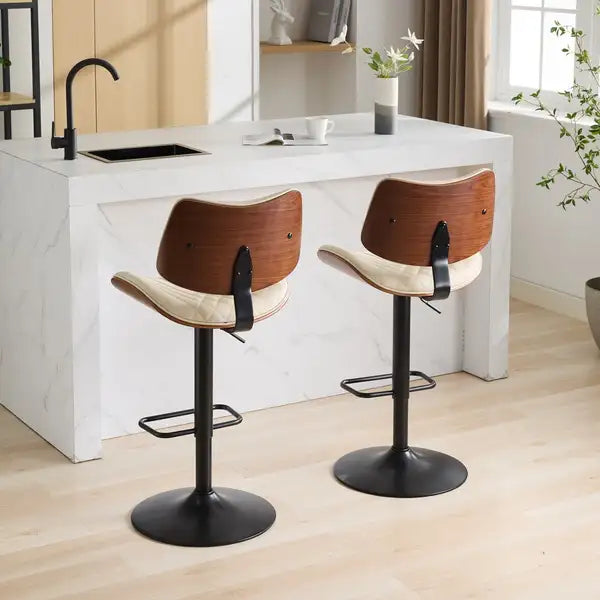 Adjustable Bentwood Bar Stools, Mid Century Modern, Black Leather, Swivel, Counter Height, Beige - Minihomy