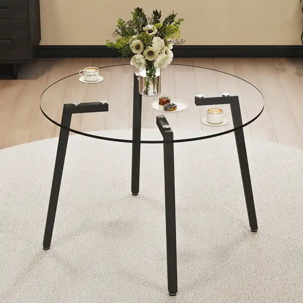 Round Glass Dining Table - Modern, Black Metal Legs, 40"x40", Kitchen, Dining Room