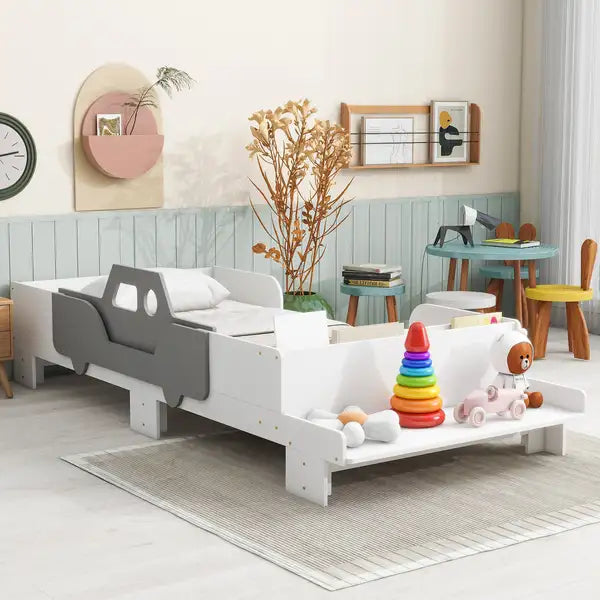 Twin Car Bed with Bench - White Wood Frame for Kids