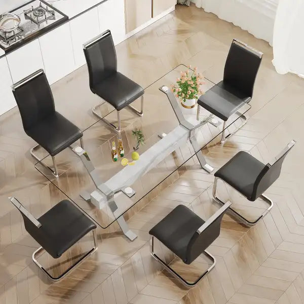 Modern Glass Dining Table with Silver Legs - 79" x 39" x 30" - Home & Office Use - Minihomy