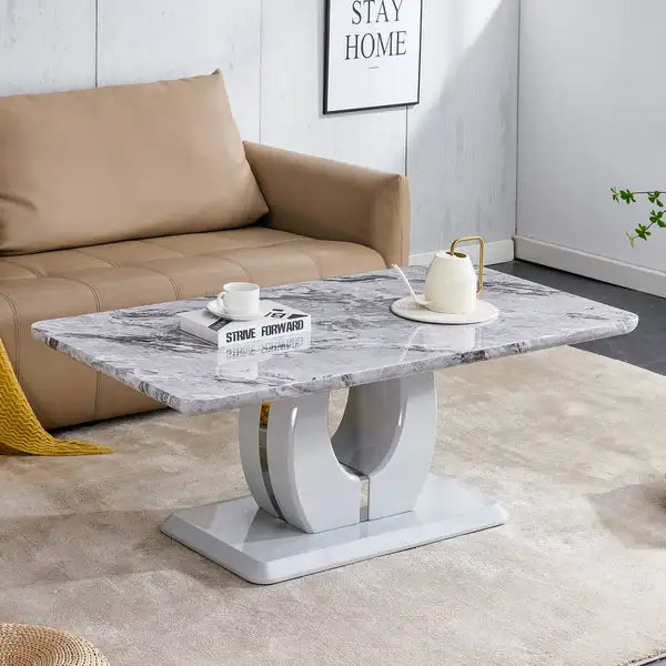 Modern Light Gray Marble Coffee Table with Silver Stainless Steel Accents - CT-1280