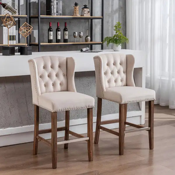 Beige Upholstered Bar Stools, Wingback Counter Height Breakfast Chairs, Nailhead Trim, Set of 2 - Minihomy