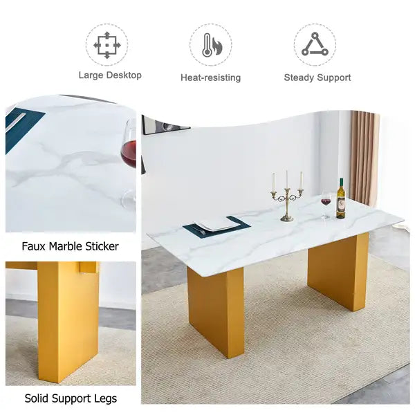 Modern Rectangular Dining Table & 8 Chair Set - Glass Top, Faux Leather Seats, Golden Legs - Minihomy